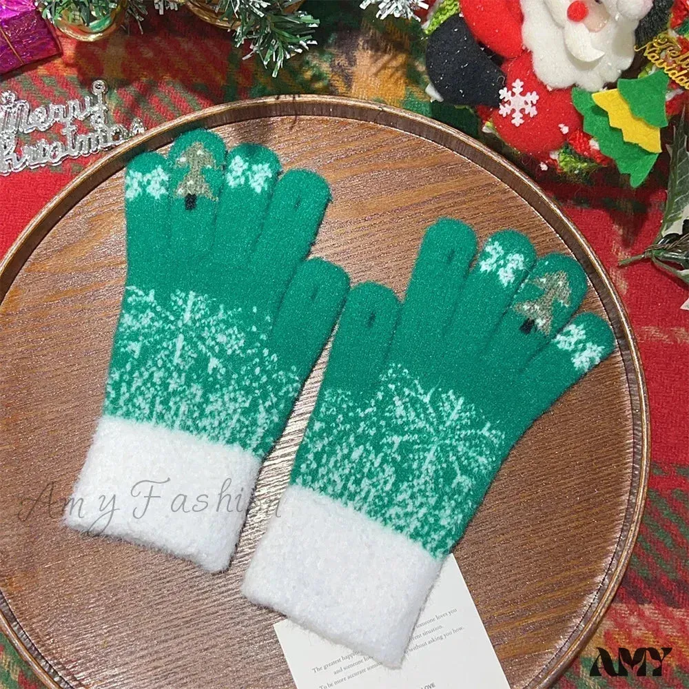 Cashmere Christmas Tree Knit Skiing Full Finger Plush Gloves