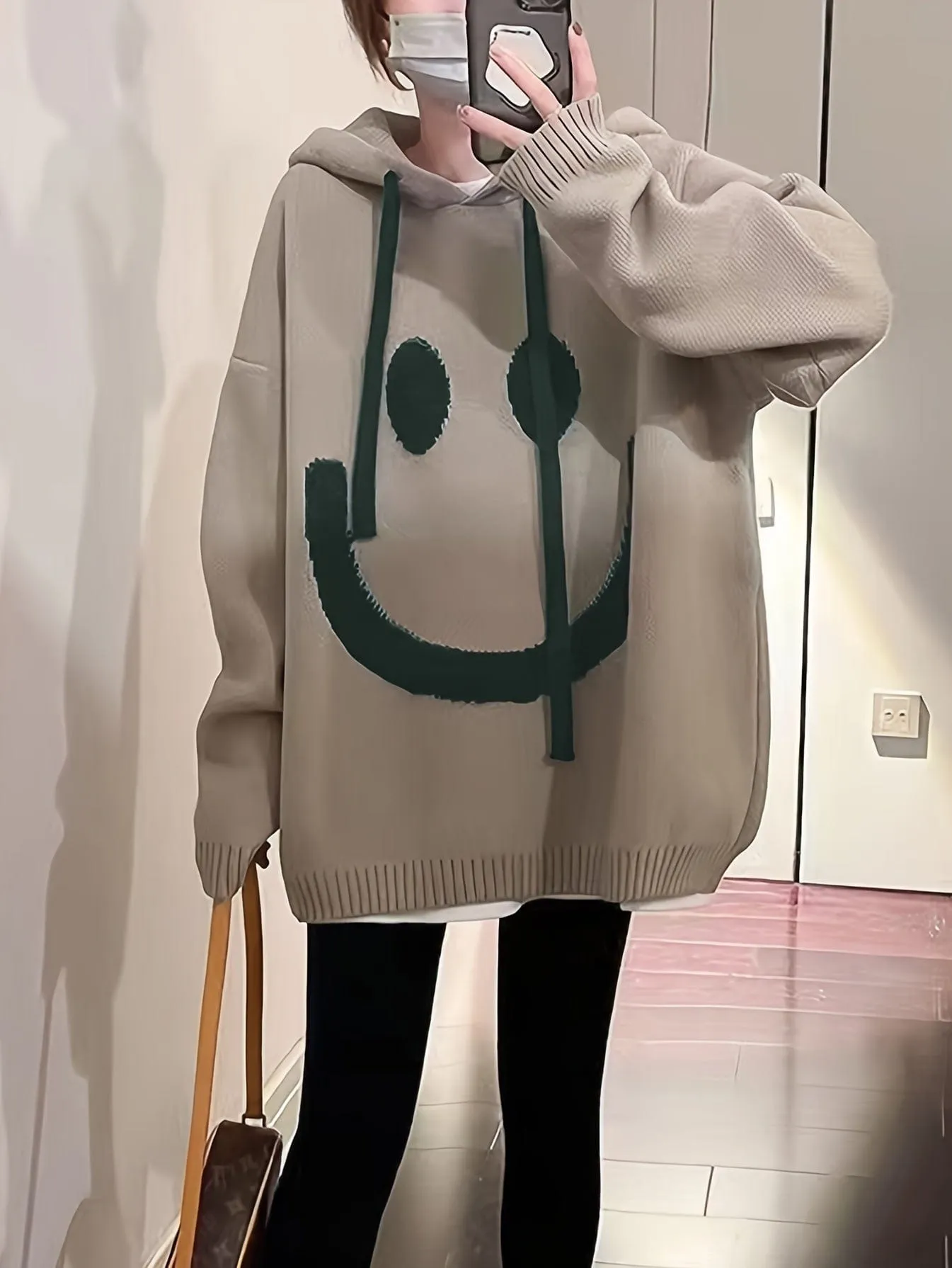 Casual Chic Oversized Smile Face Print Drawstring Sweater