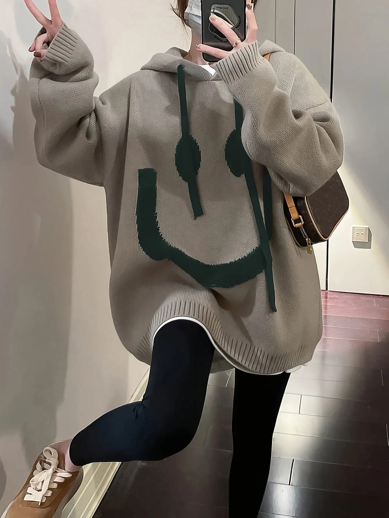 Casual Chic Oversized Smile Face Print Drawstring Sweater