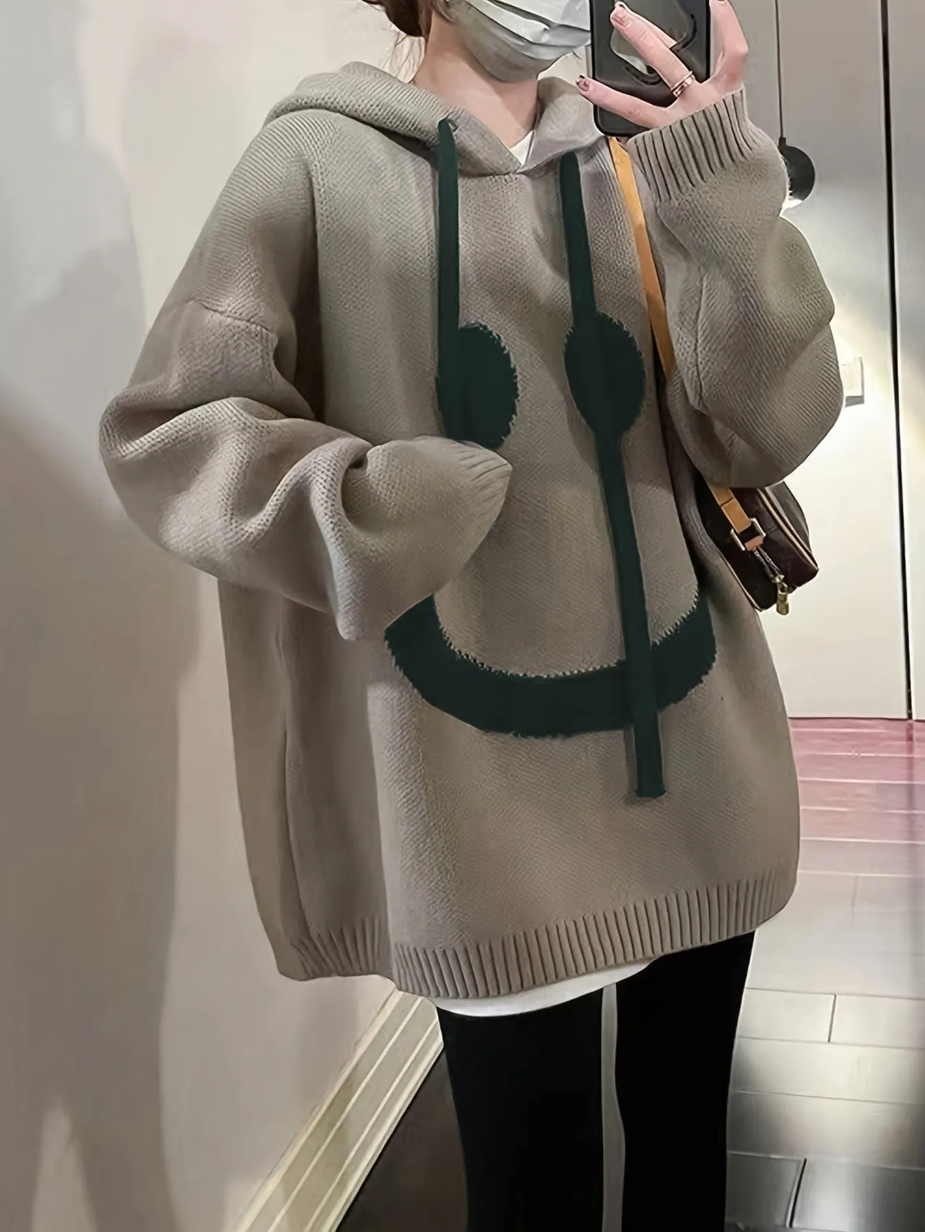 Casual Chic Oversized Smile Face Print Drawstring Sweater