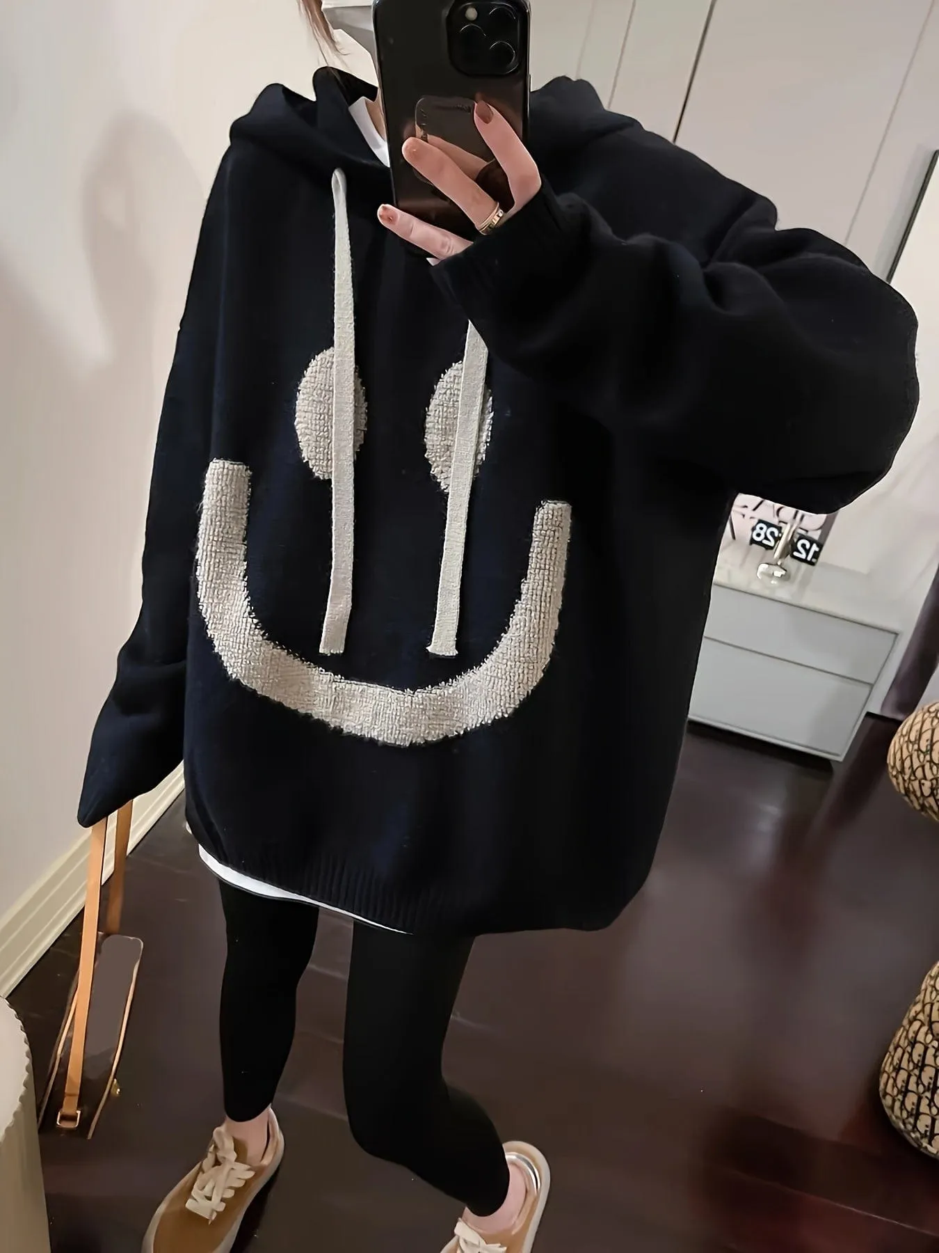 Casual Chic Oversized Smile Face Print Drawstring Sweater