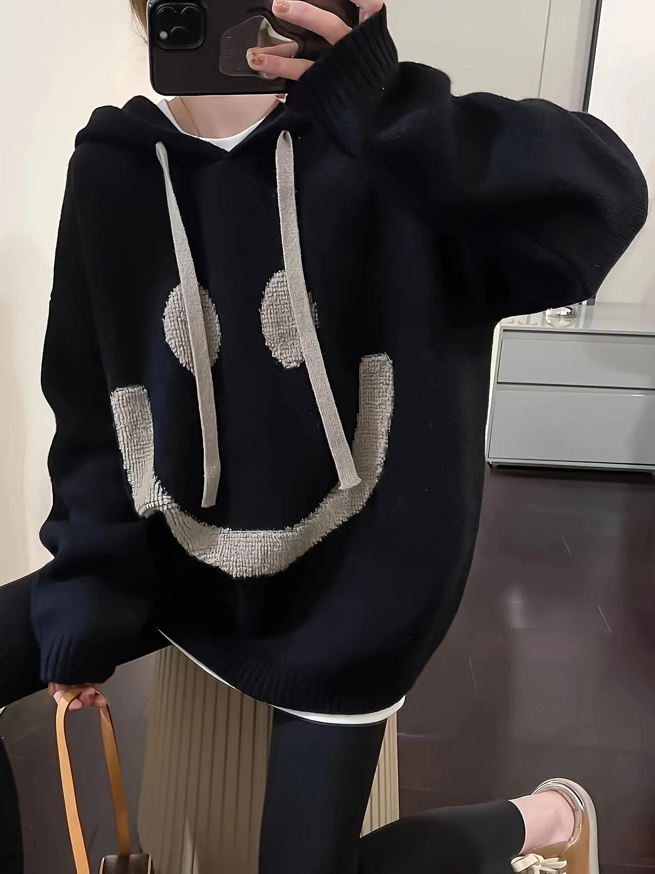 Casual Chic Oversized Smile Face Print Drawstring Sweater