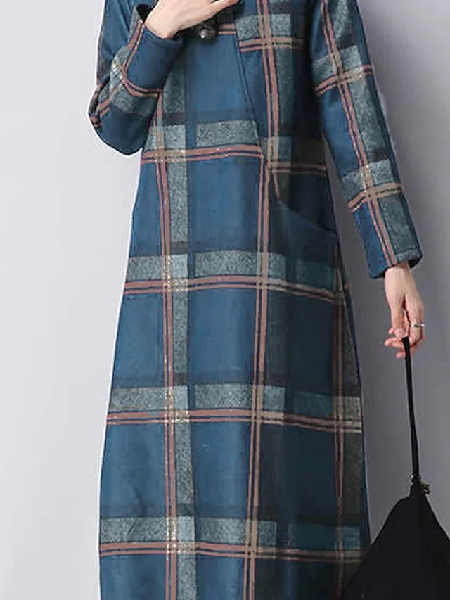 Casual Dress Midi Dress Tartan Dress Midi Dress Black Red Blue Long Sleeve Plaid Pocket Winter Fall Spring Turtleneck Fashion Winter Dress Daily Vacation  M L XL XXL 3XL for Women