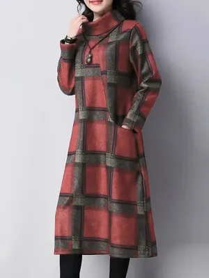 Casual Dress Midi Dress Tartan Dress Midi Dress Black Red Blue Long Sleeve Plaid Pocket Winter Fall Spring Turtleneck Fashion Winter Dress Daily Vacation  M L XL XXL 3XL for Women