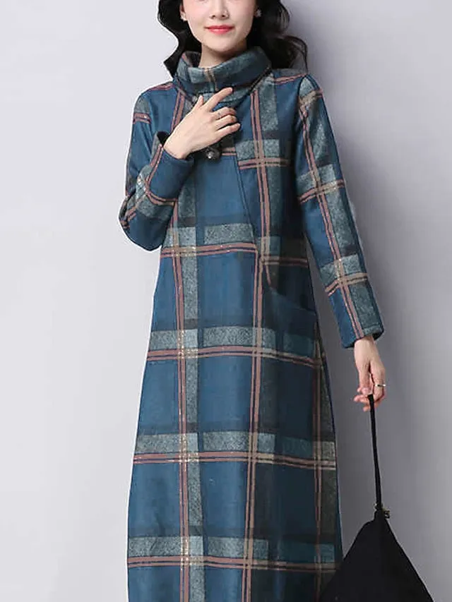 Casual Dress Midi Dress Tartan Dress Midi Dress Black Red Blue Long Sleeve Plaid Pocket Winter Fall Spring Turtleneck Fashion Winter Dress Daily Vacation  M L XL XXL 3XL for Women
