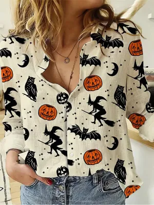 Casual Halloween Print Button-Down Top