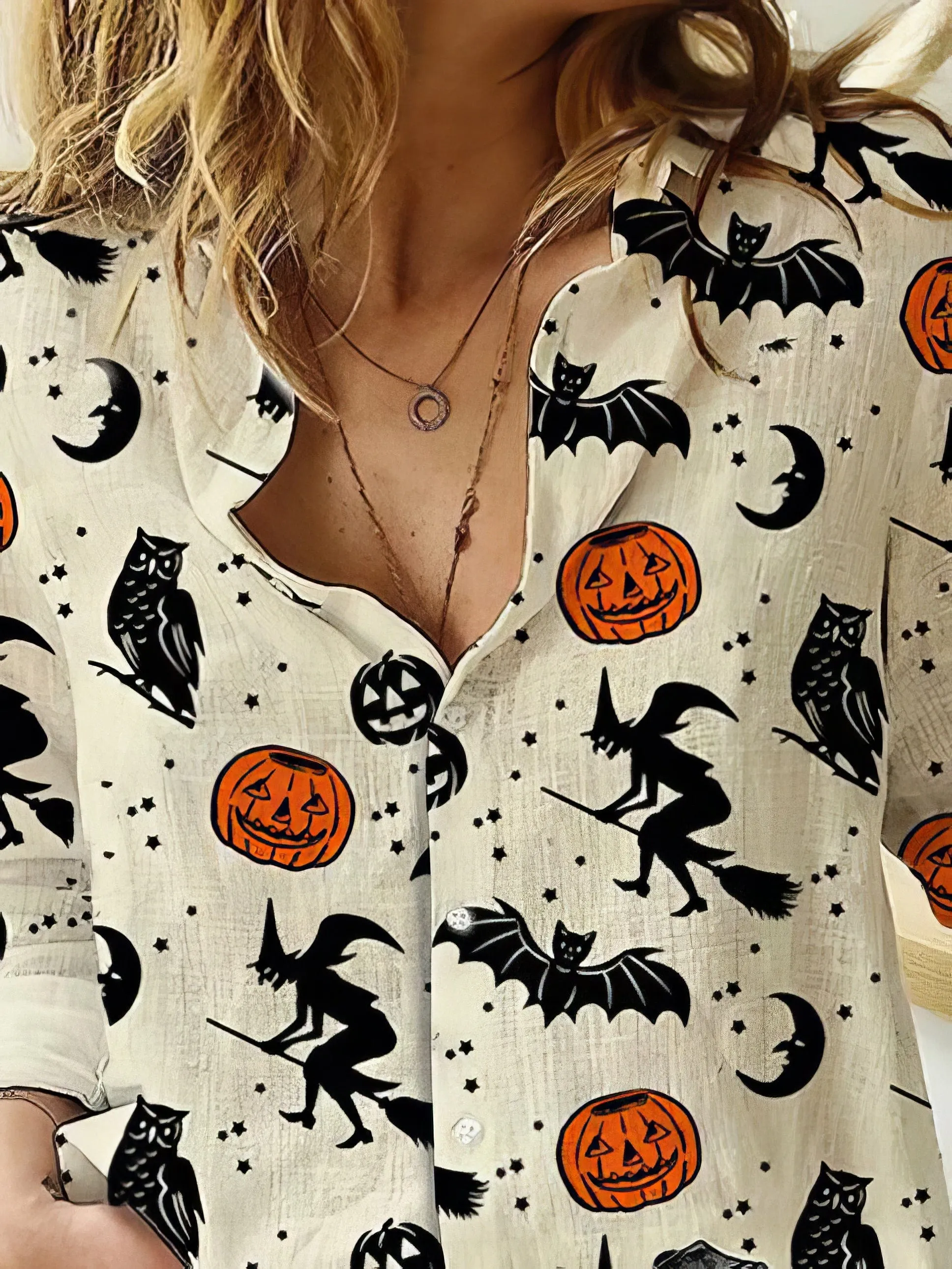 Casual Halloween Print Button-Down Top