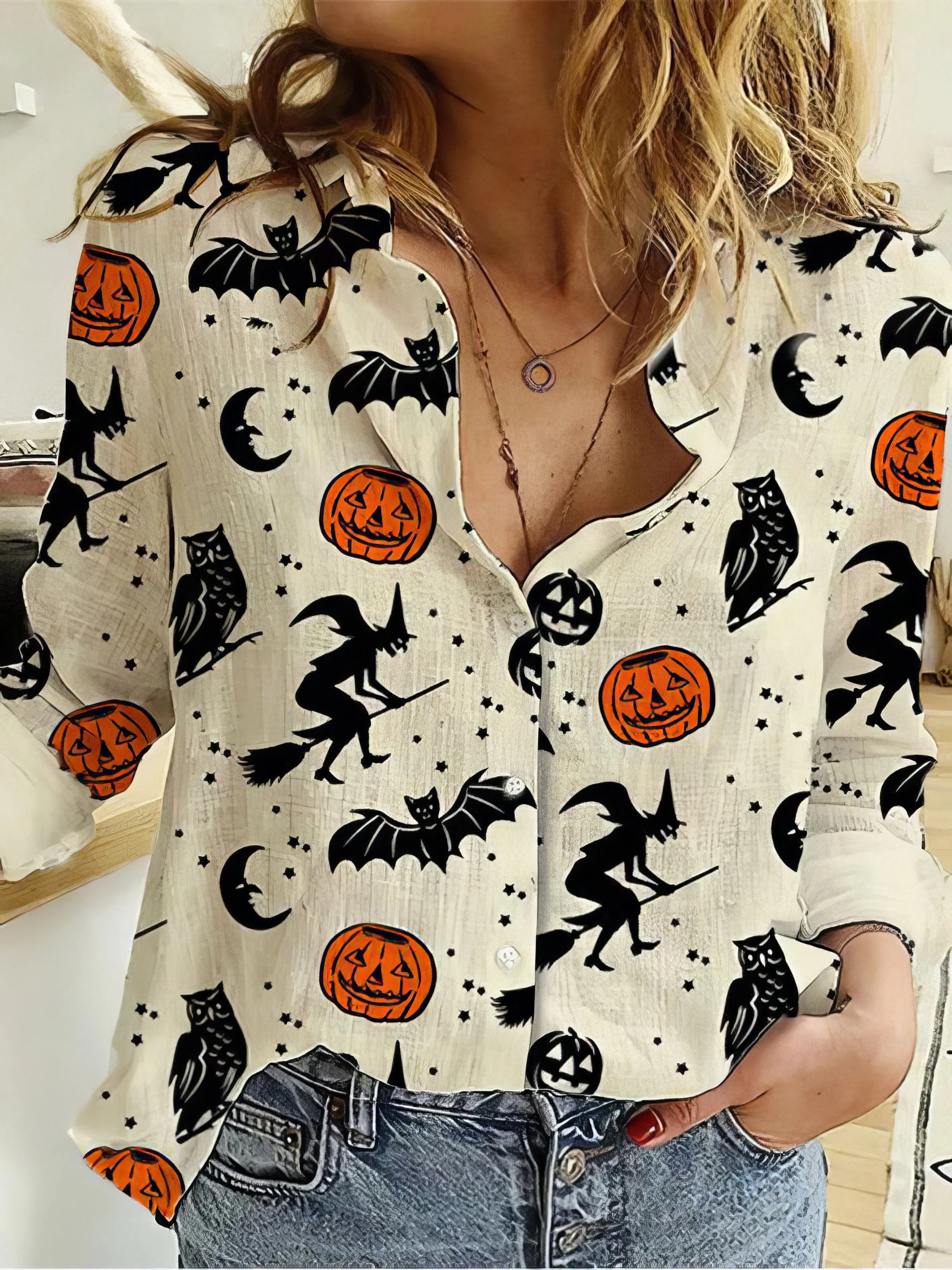 Casual Halloween Print Button-Down Top