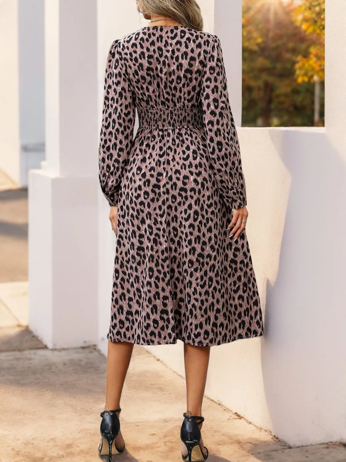 Casual Leopard Surplice Long Sleeve Midi Dress | Business Casual | Office Fashion