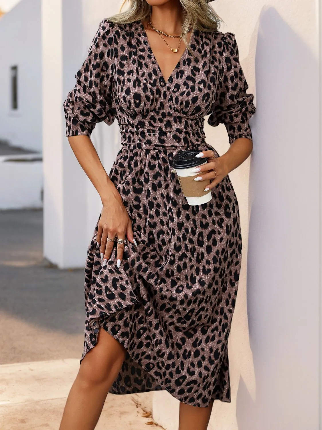 Casual Leopard Surplice Long Sleeve Midi Dress | Business Casual | Office Fashion