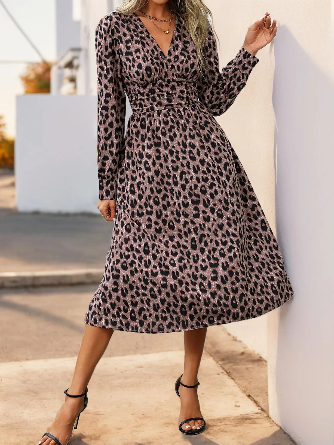 Casual Leopard Surplice Long Sleeve Midi Dress | Business Casual | Office Fashion