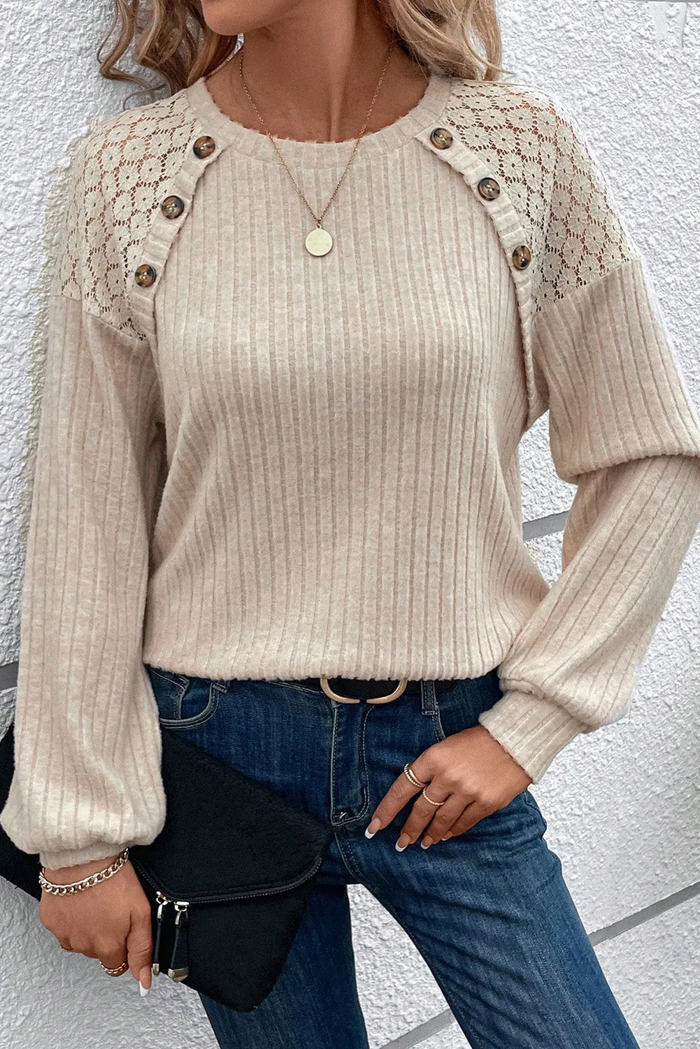 Casual Long Sleeve Lace Splice Ribbed Knit Sweater