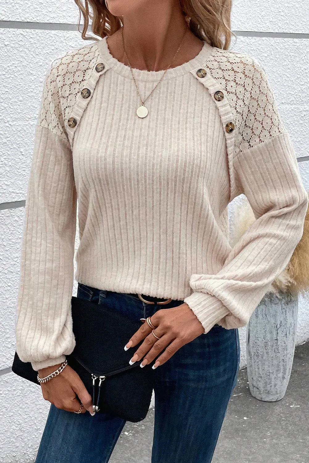 Casual Long Sleeve Lace Splice Ribbed Knit Sweater
