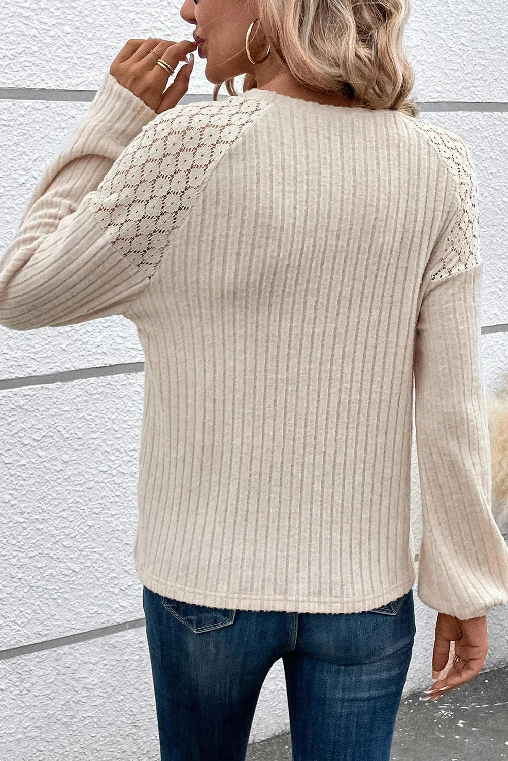Casual Long Sleeve Lace Splice Ribbed Knit Sweater