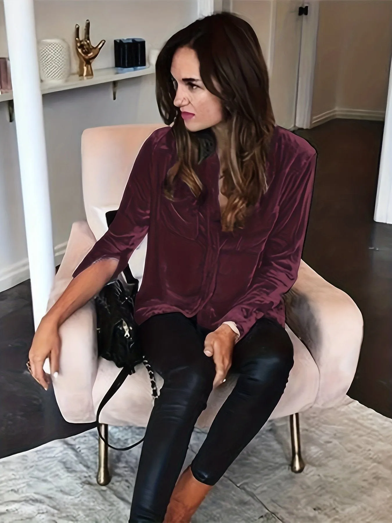 Casual Solid Velour Dual Pocket Lapel Long Sleeve Blouse