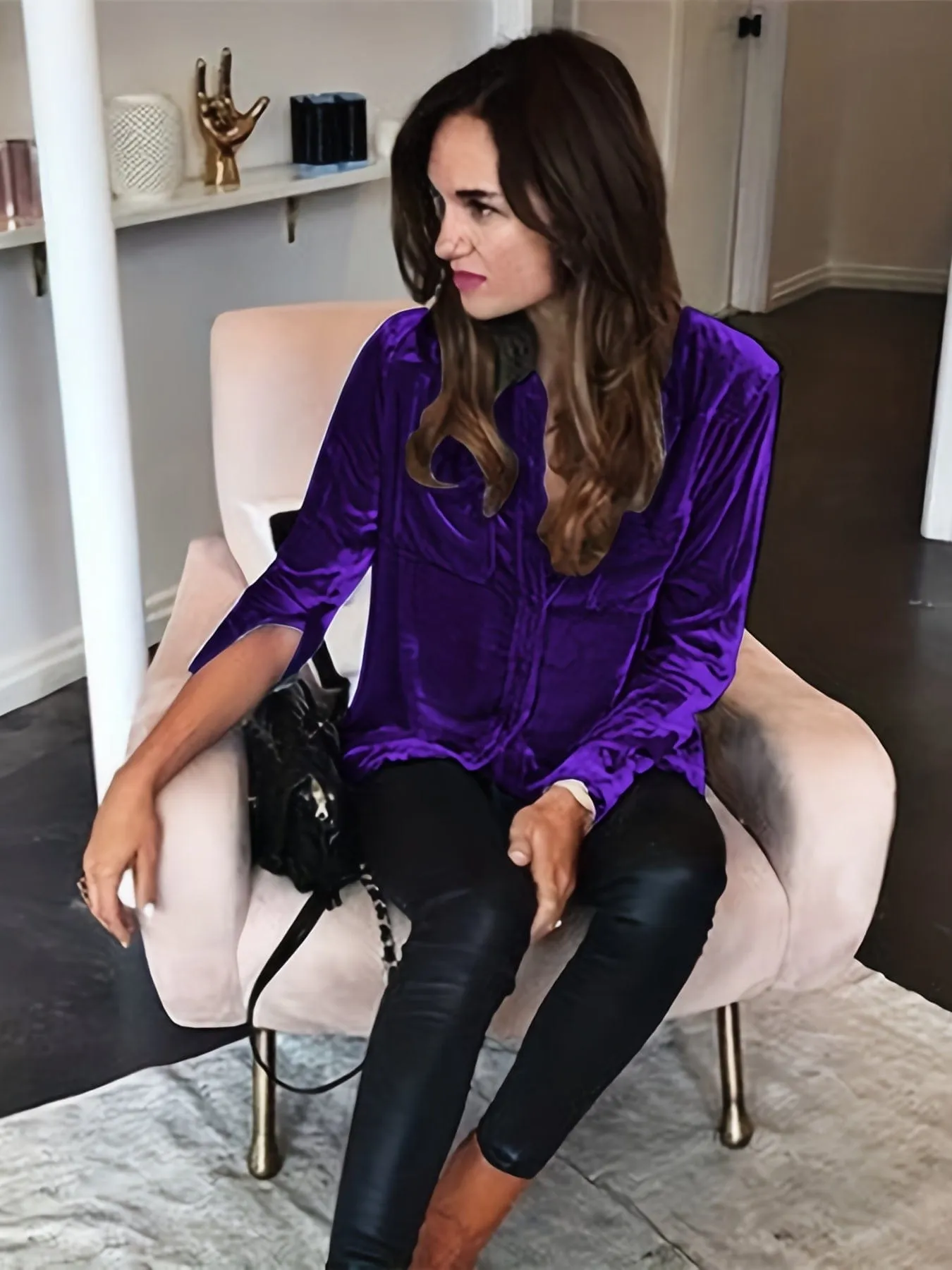 Casual Solid Velour Dual Pocket Lapel Long Sleeve Blouse