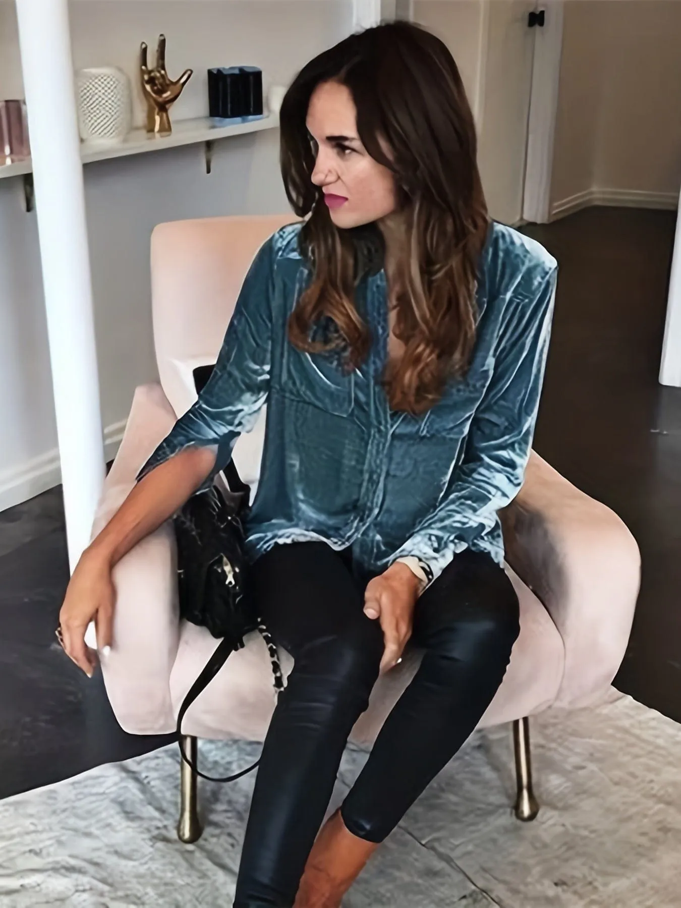 Casual Solid Velour Dual Pocket Lapel Long Sleeve Blouse