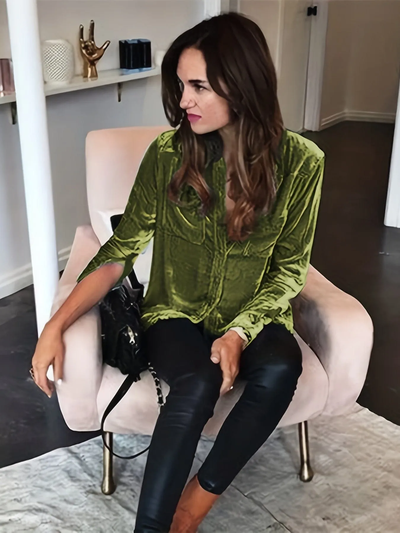 Casual Solid Velour Dual Pocket Lapel Long Sleeve Blouse