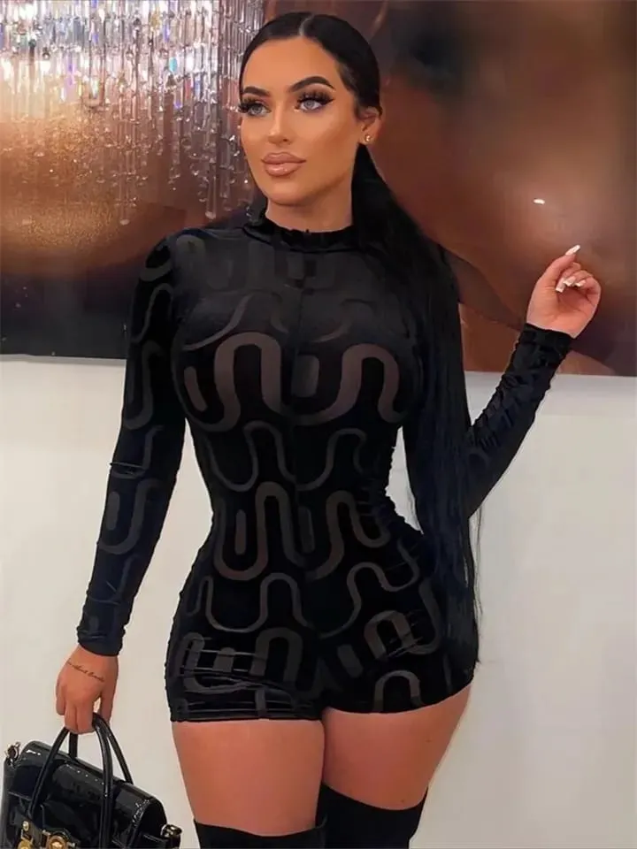 Casual velvet Fashion Rompers Playsuits Long Sleeve Streetwear Fall Outfits Bodycon Black Print Jumpsuit One Pieces L S4798578