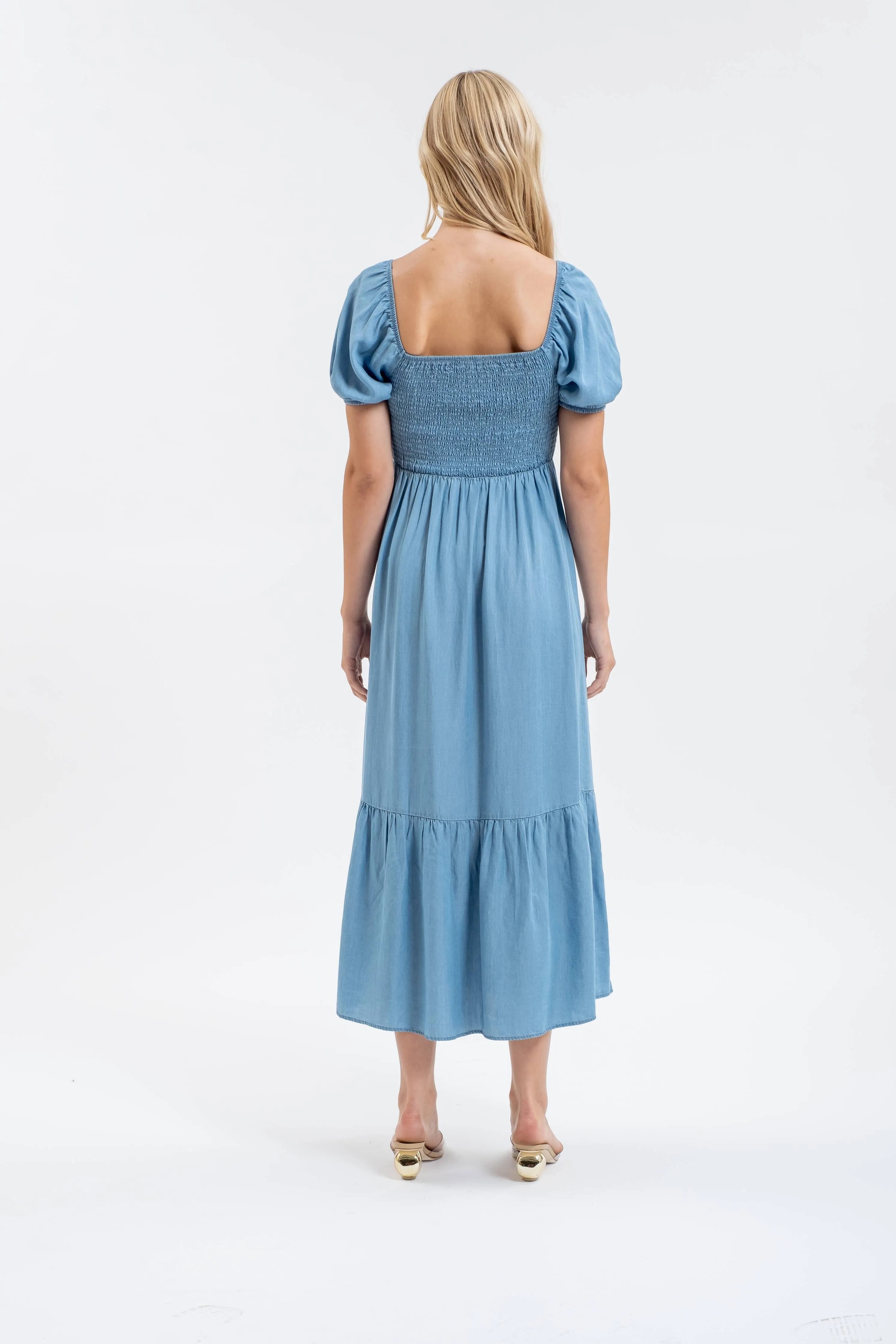 Chambray Smocked Puff Sleeve Midi Dress