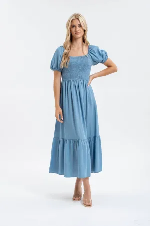 Chambray Smocked Puff Sleeve Midi Dress