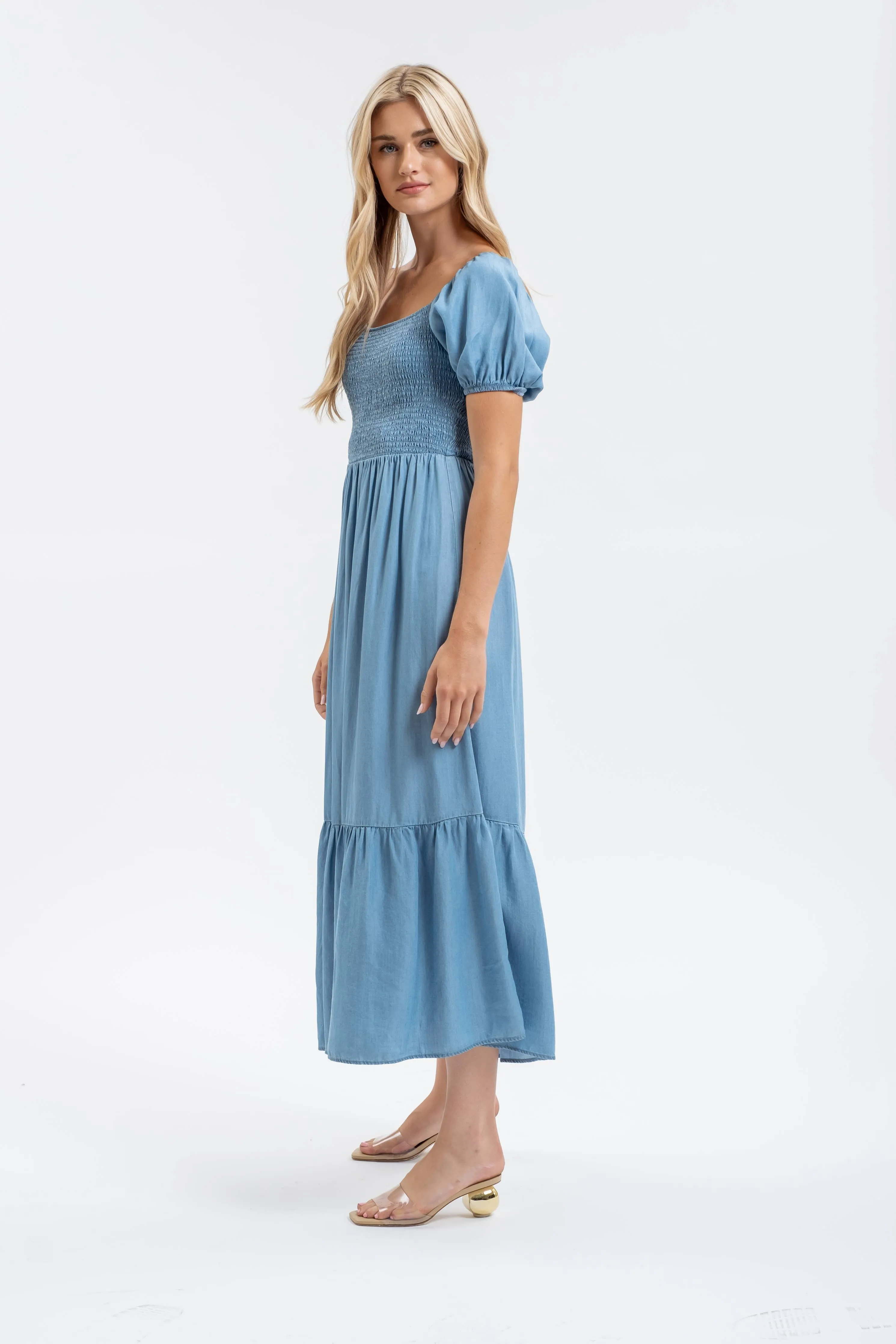 Chambray Smocked Puff Sleeve Midi Dress
