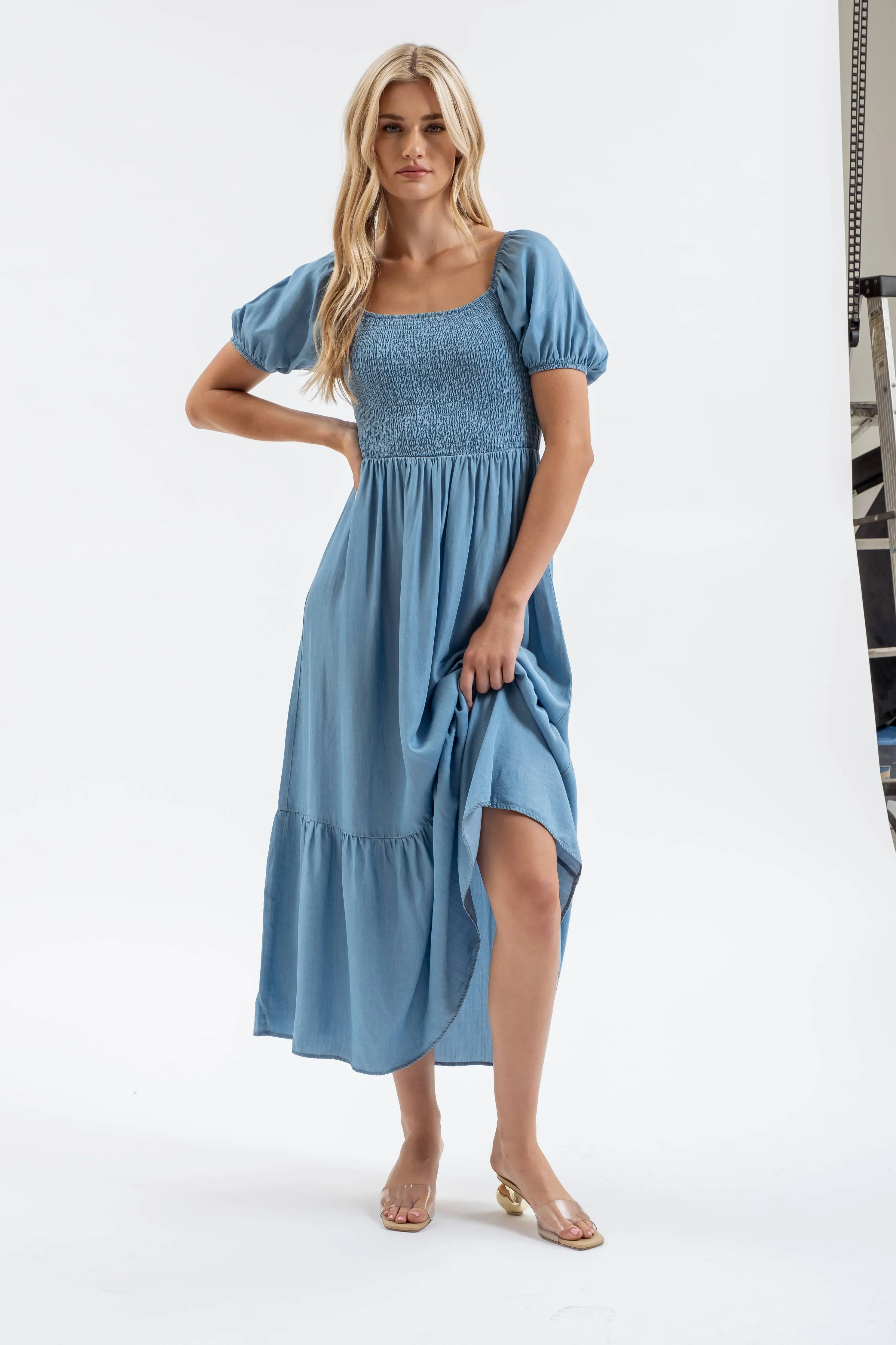 Chambray Smocked Puff Sleeve Midi Dress