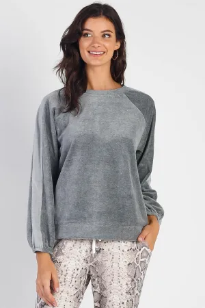 Charcoal Cotton Blend Velour Balloon Long Sleeve Top