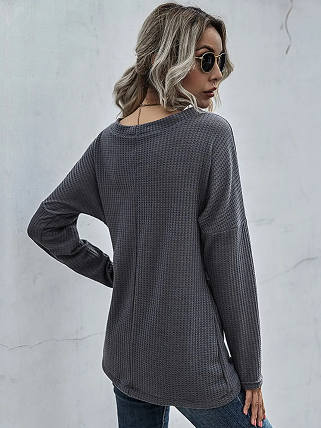 Charcoal Waffle-Knit Surplice Long Sleeve Top | Casual Blouses | Fall Fashion