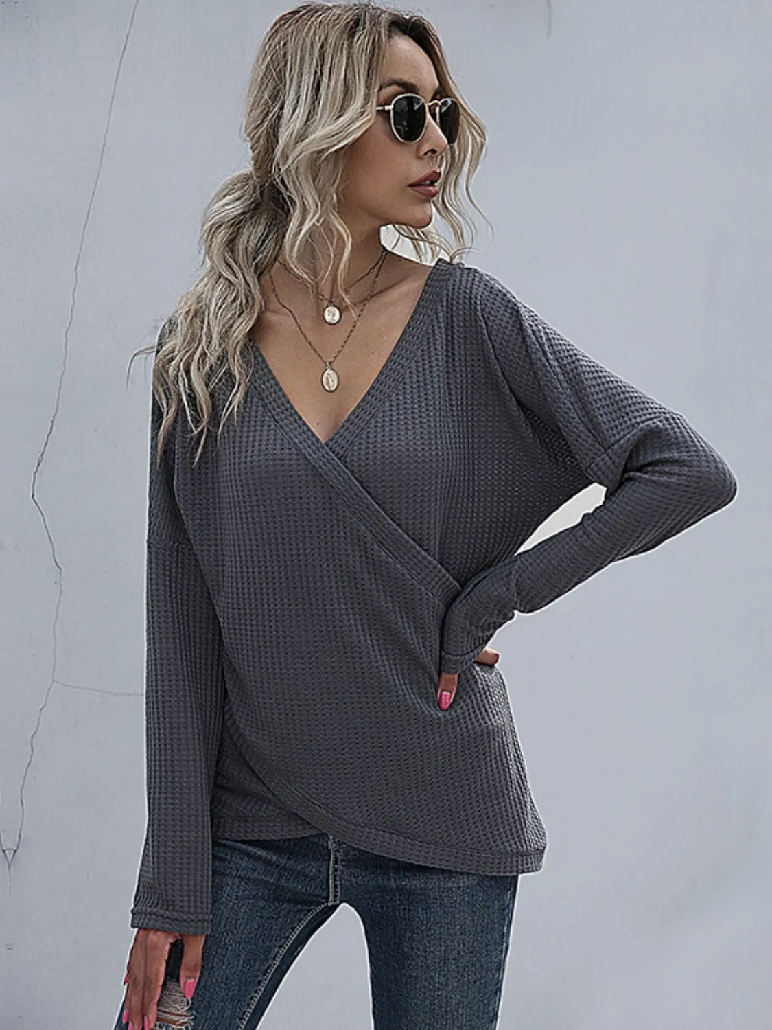 Charcoal Waffle-Knit Surplice Long Sleeve Top | Casual Blouses | Fall Fashion