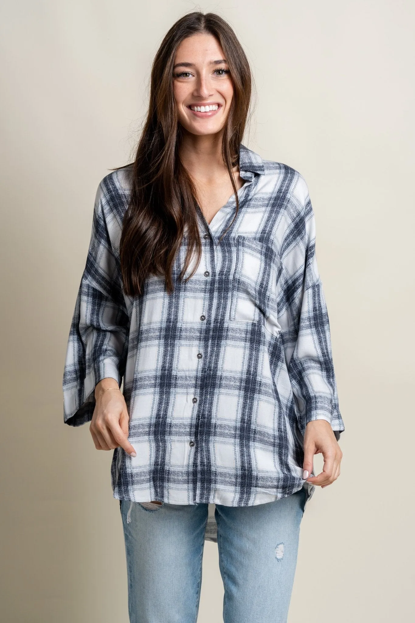 Checkered boyfriend shirt ivory/denim