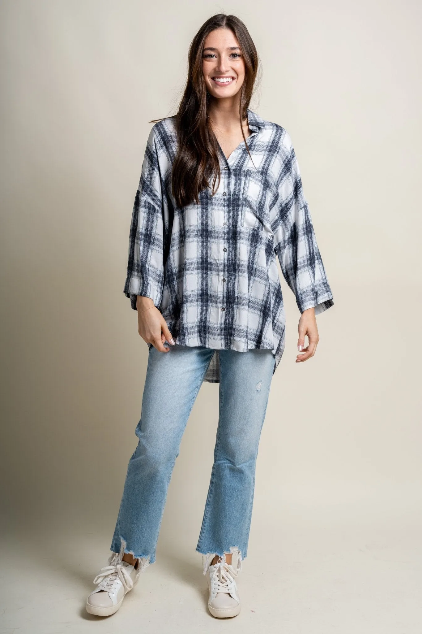 Checkered boyfriend shirt ivory/denim