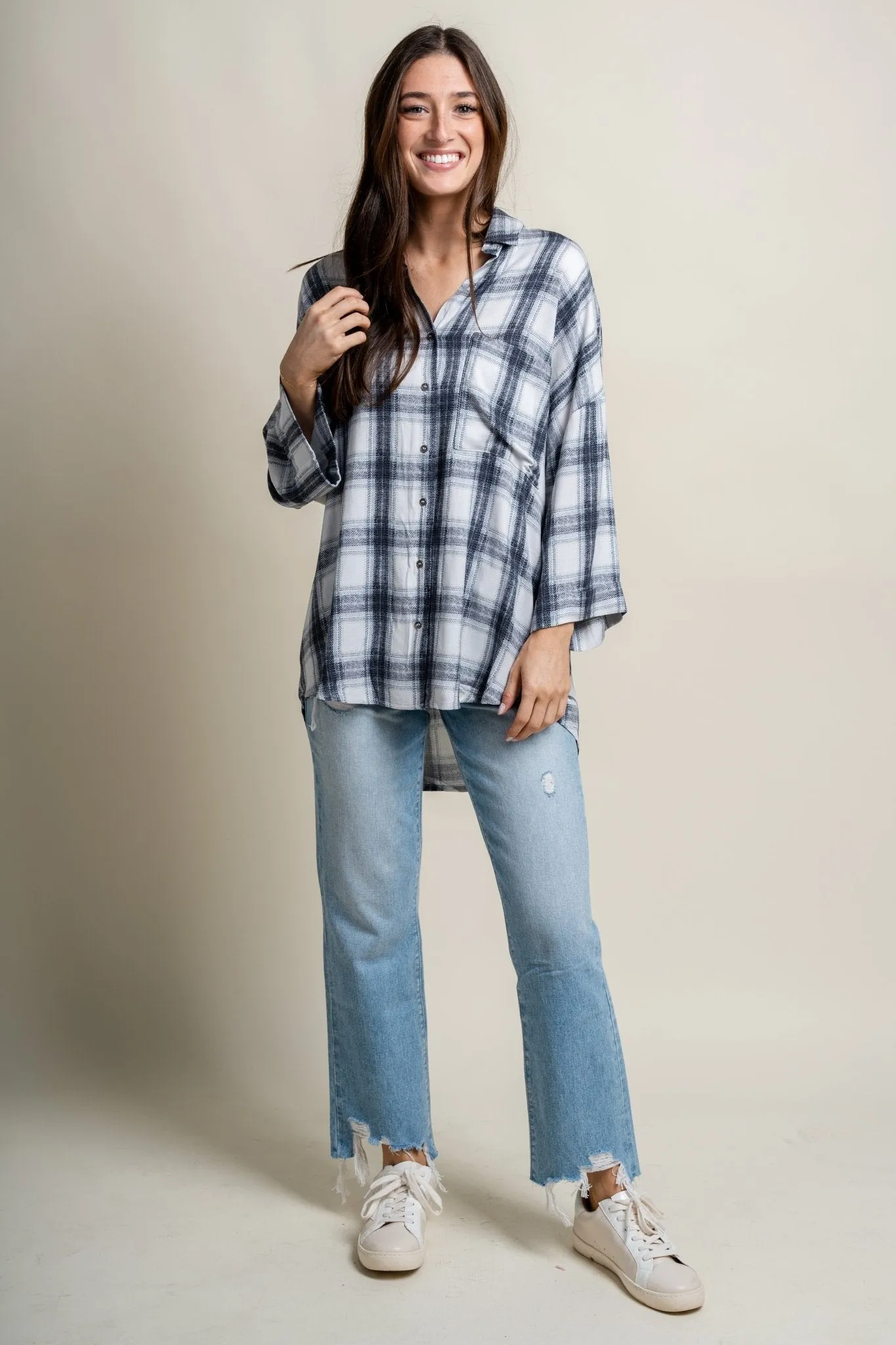Checkered boyfriend shirt ivory/denim