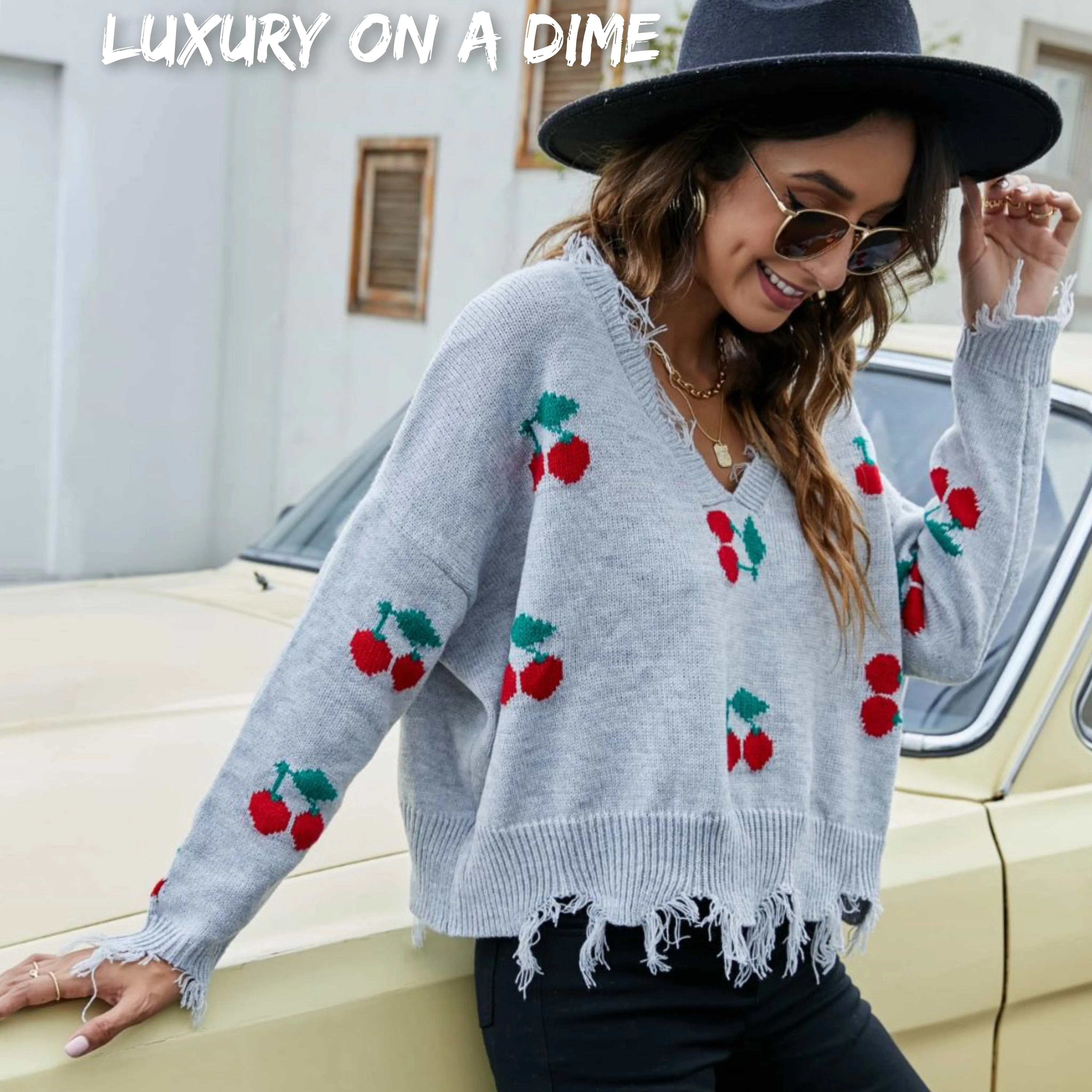 Cherry Crop Top Long Sleeve Raw Hem Knit Pullover Sweater (3 colors available)