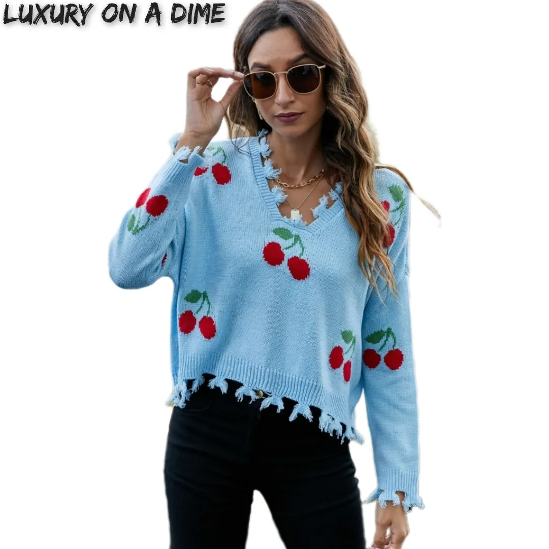 Cherry Crop Top Long Sleeve Raw Hem Knit Pullover Sweater (3 colors available)