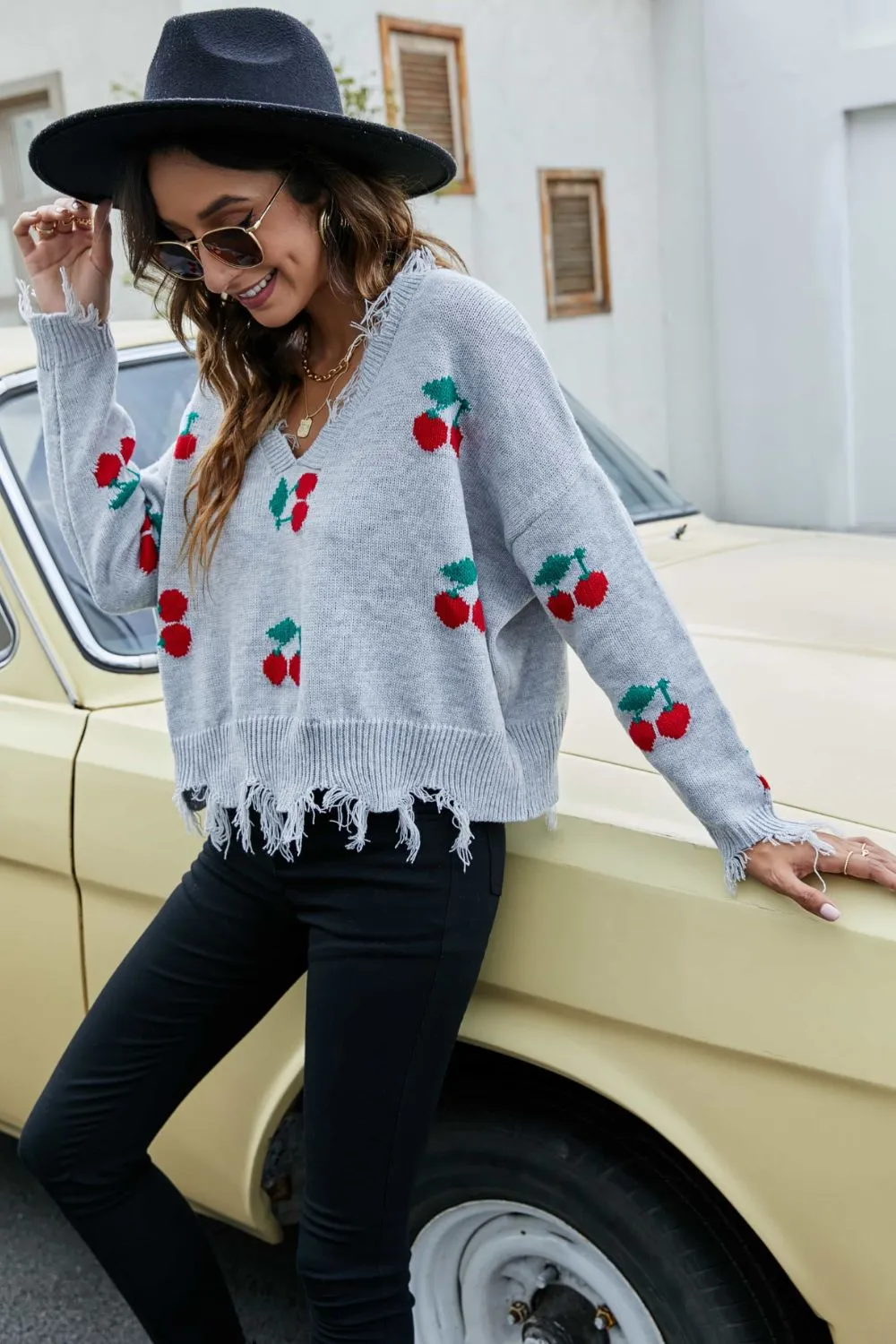 Cherry Crop Top Long Sleeve Raw Hem Knit Pullover Sweater (3 colors available)