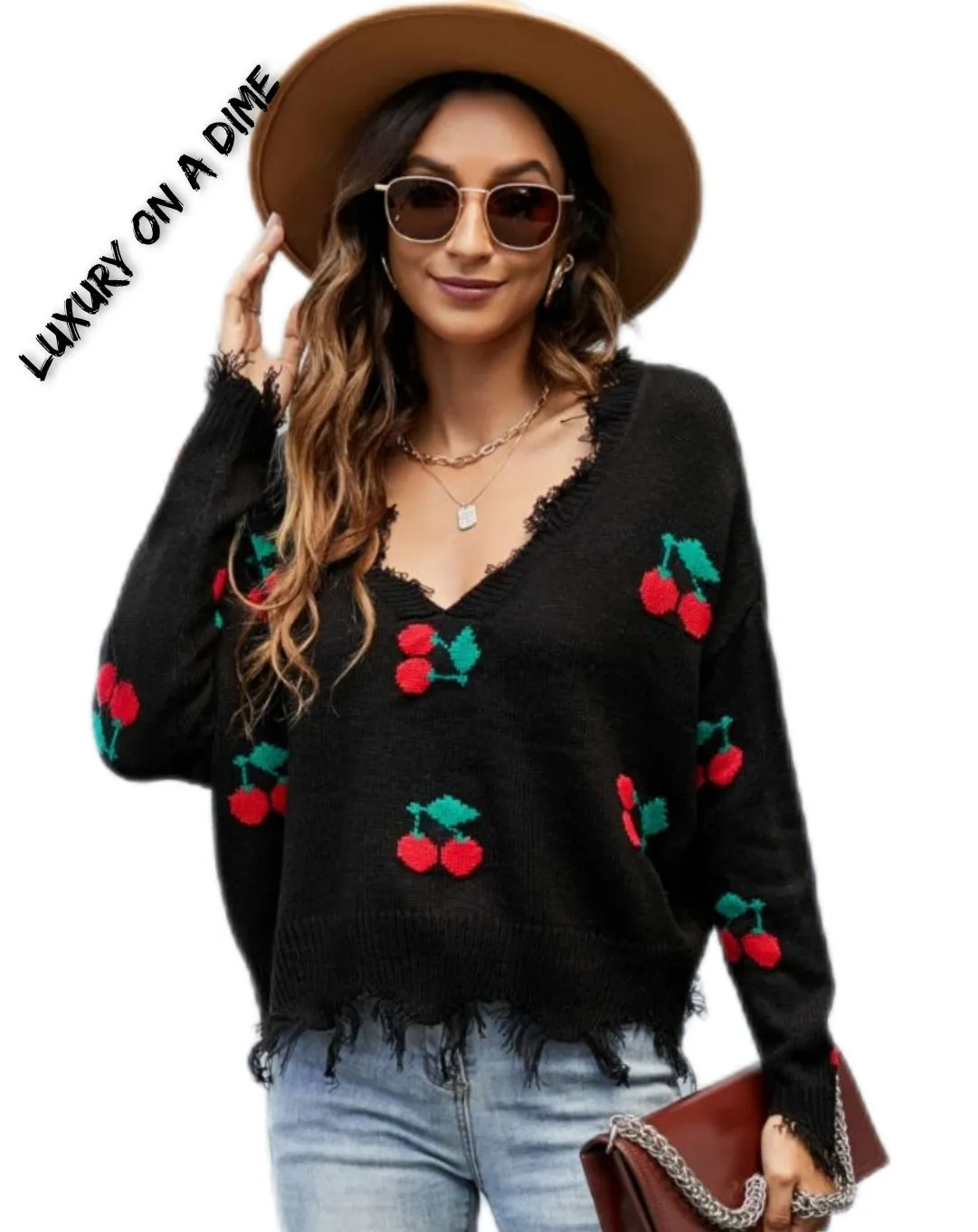 Cherry Crop Top Long Sleeve Raw Hem Knit Pullover Sweater (3 colors available)