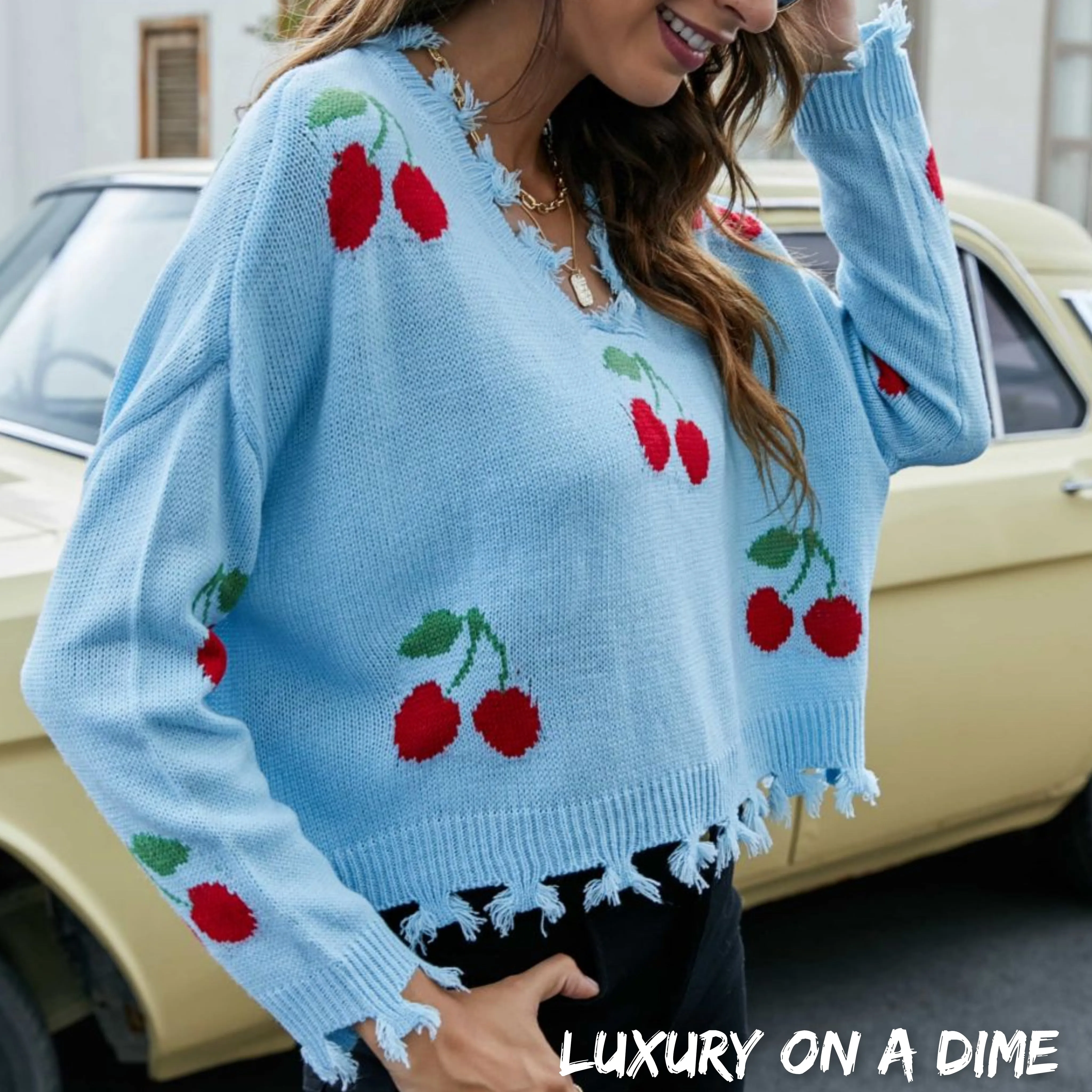 Cherry Crop Top Long Sleeve Raw Hem Knit Pullover Sweater (3 colors available)