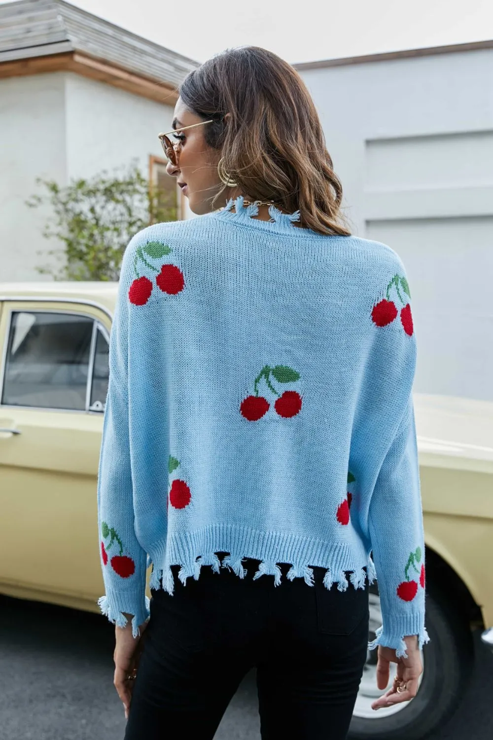Cherry Crop Top Long Sleeve Raw Hem Knit Pullover Sweater (3 colors available)