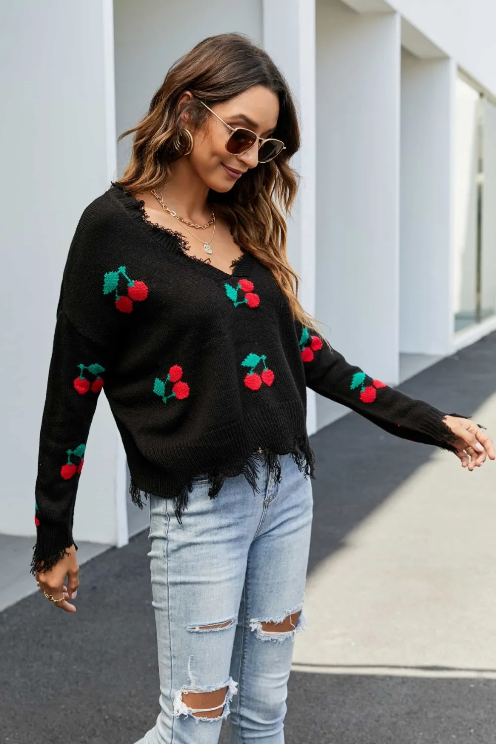 Cherry Crop Top Long Sleeve Raw Hem Knit Pullover Sweater (3 colors available)