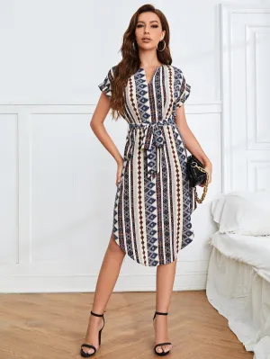 Clasi Notch Neck Belted Geo Dress