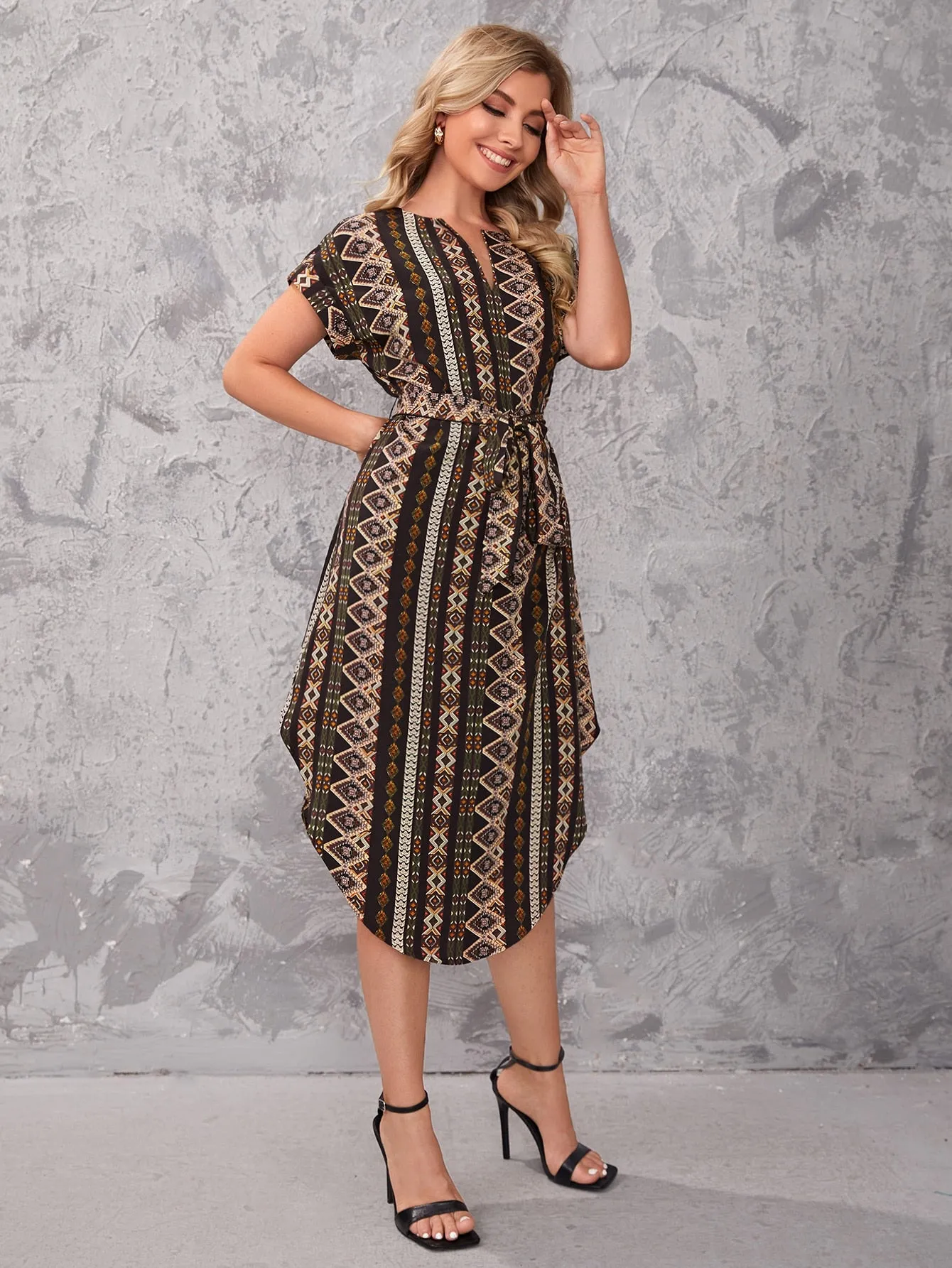 Clasi Notch Neck Belted Geo Dress