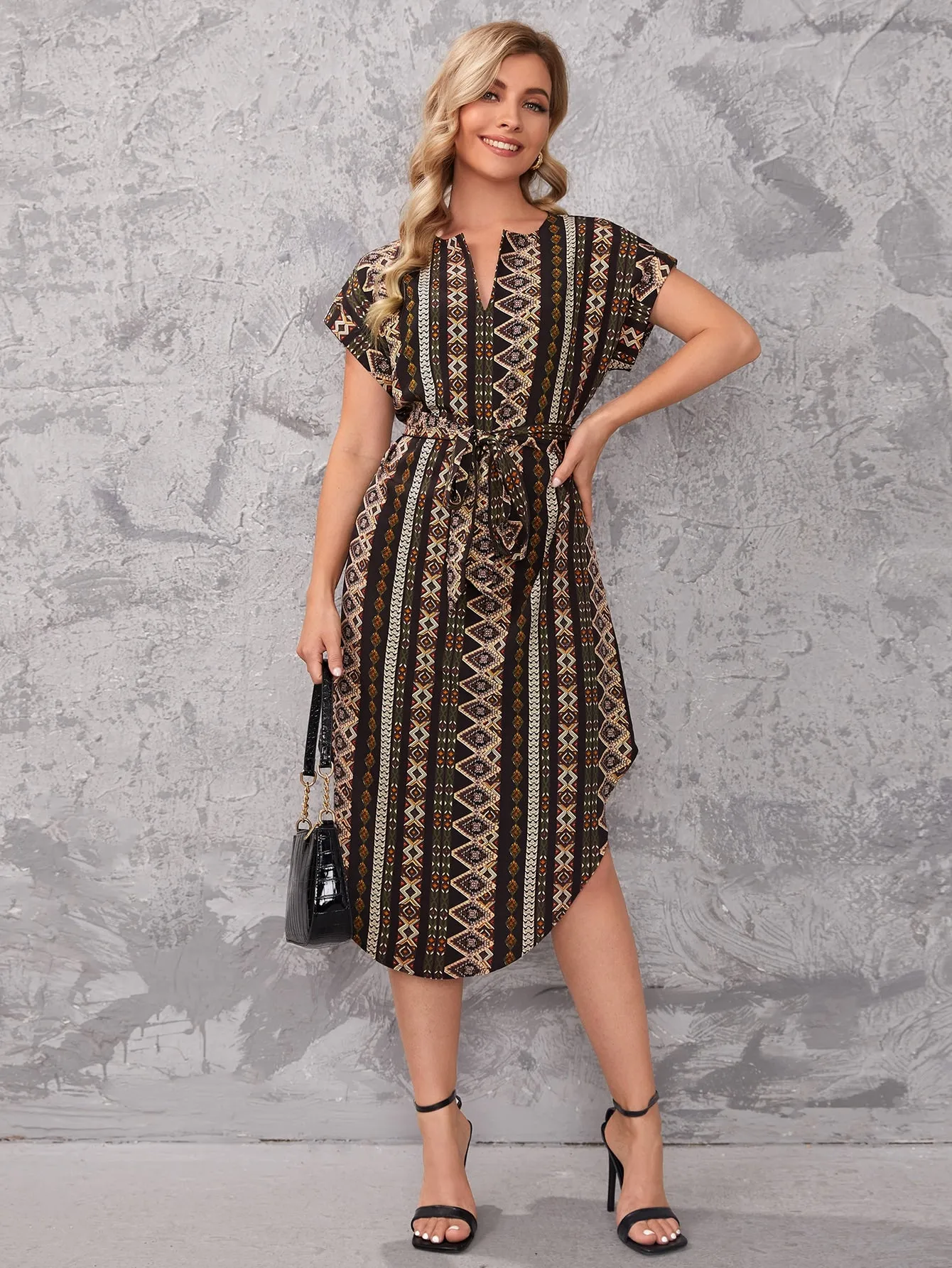Clasi Notch Neck Belted Geo Dress