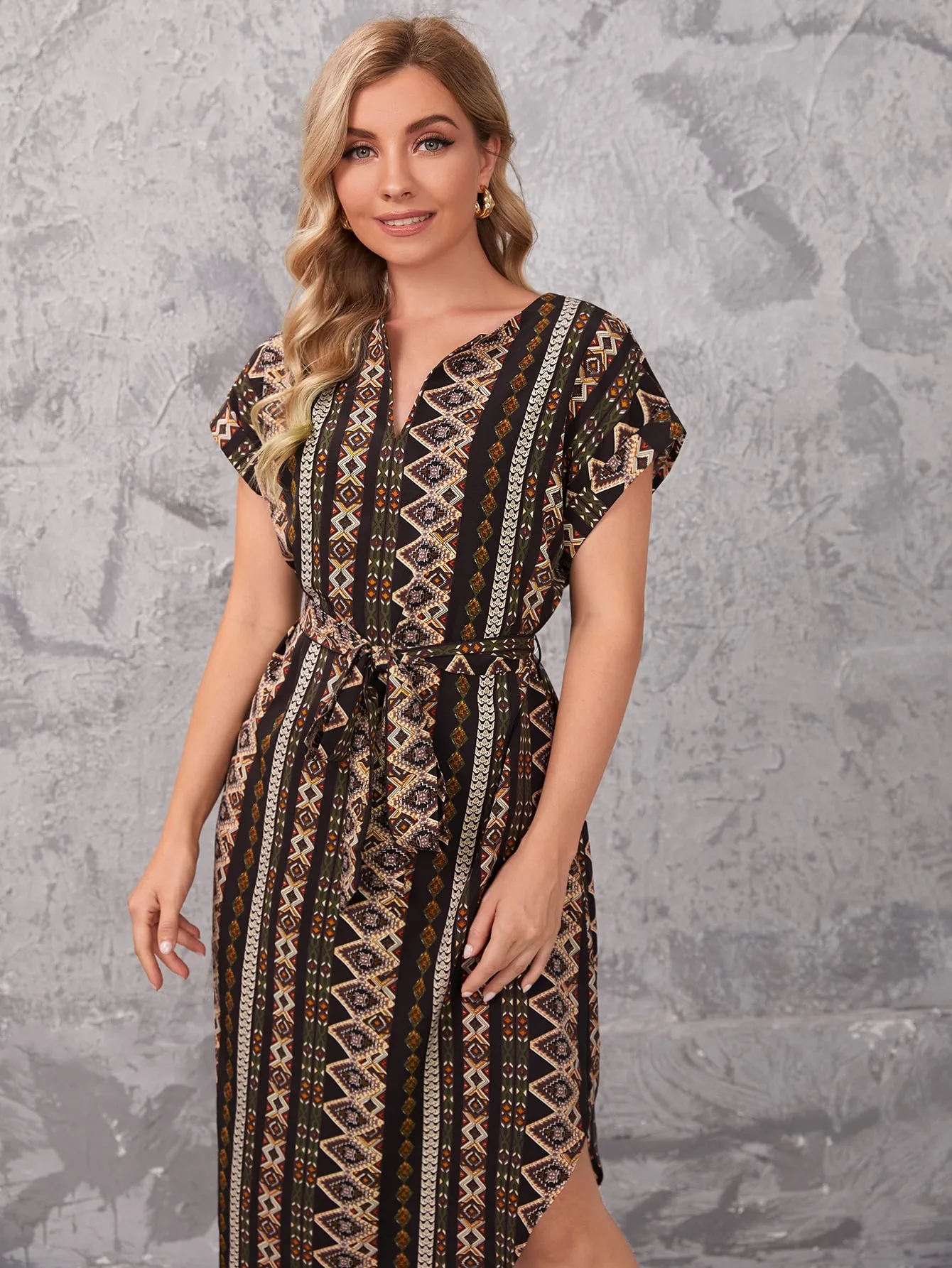 Clasi Notch Neck Belted Geo Dress