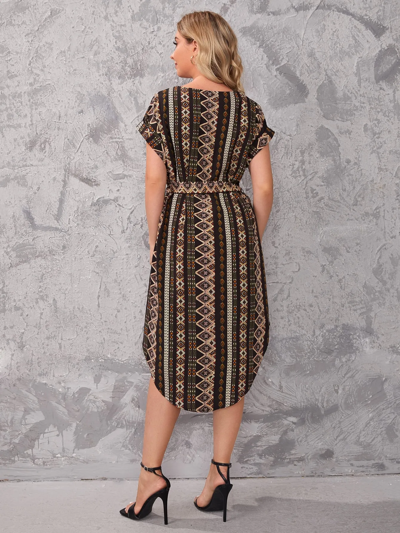 Clasi Notch Neck Belted Geo Dress