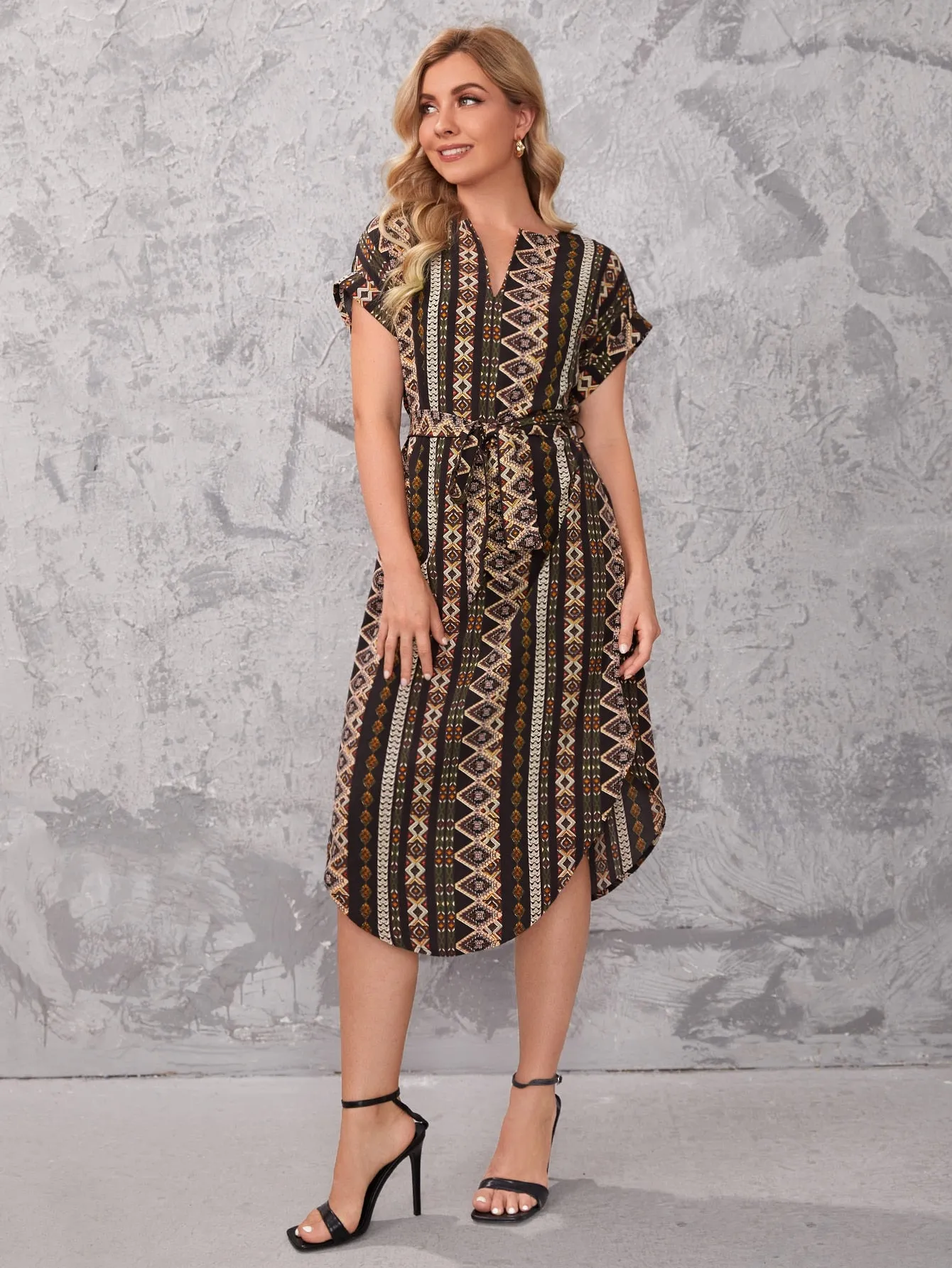 Clasi Notch Neck Belted Geo Dress