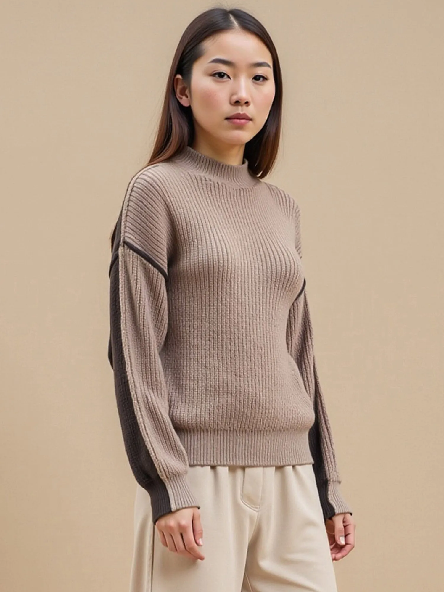 Colorblock Mock Neck Exposed Seam Knit Sweater