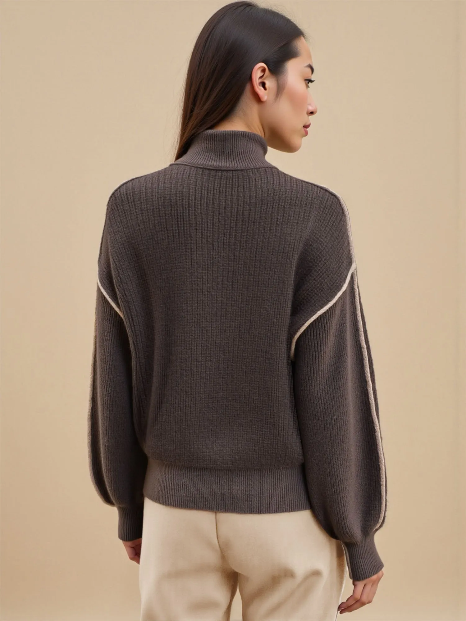 Colorblock Mock Neck Exposed Seam Knit Sweater