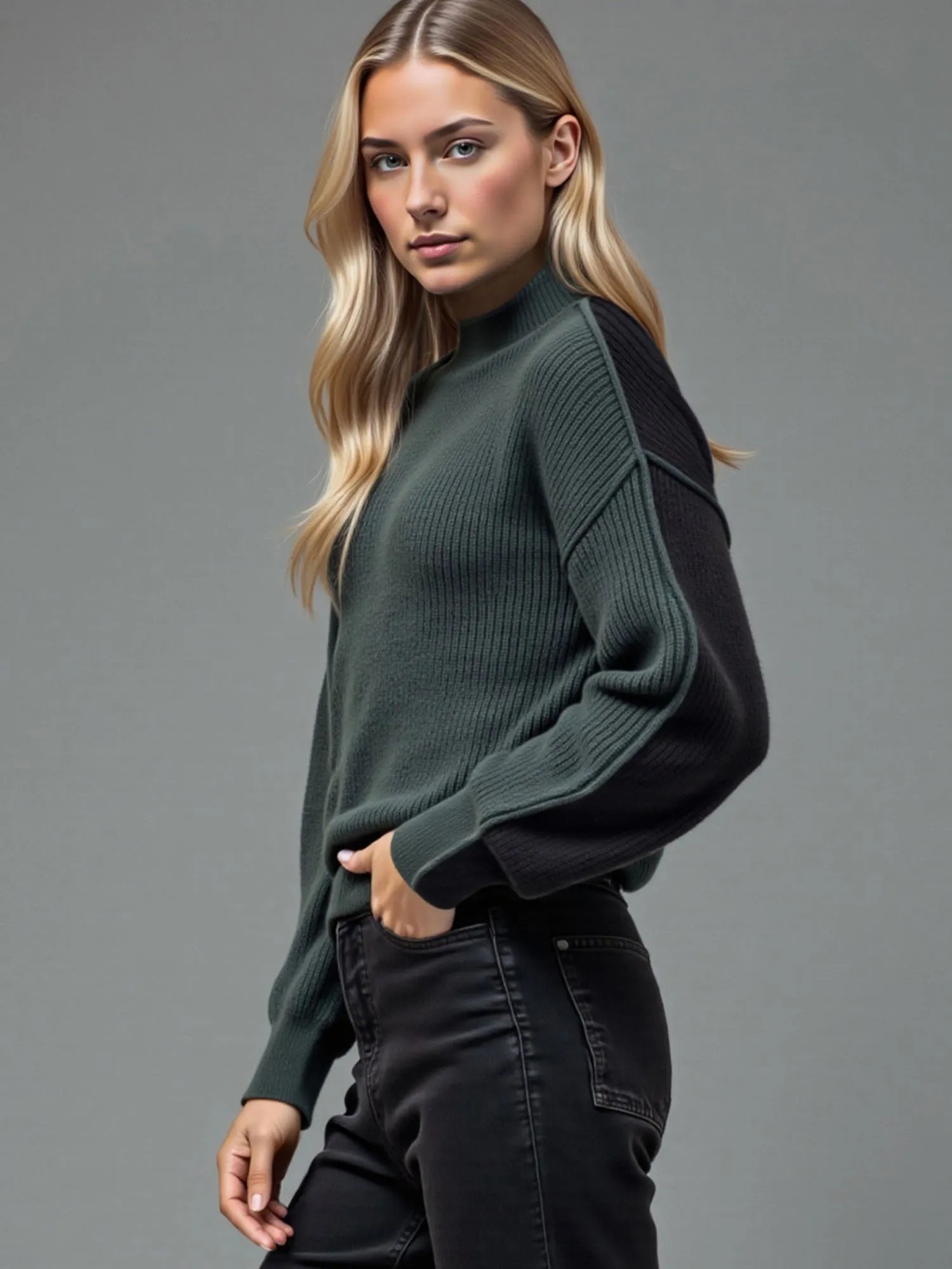 Colorblock Mock Neck Exposed Seam Knit Sweater