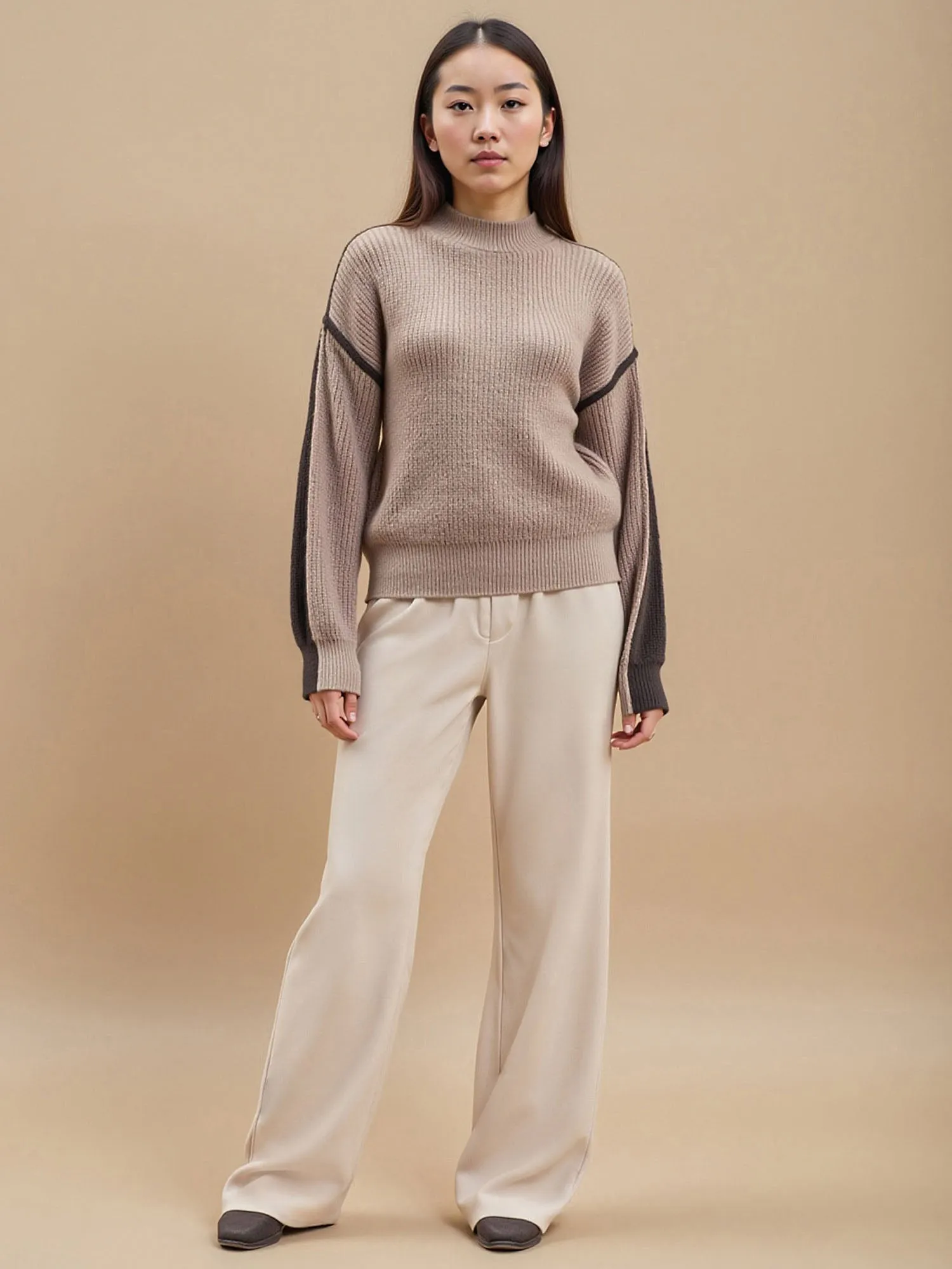 Colorblock Mock Neck Exposed Seam Knit Sweater